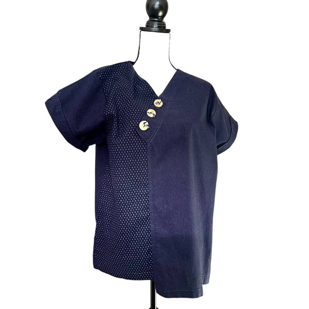 Short Sleeve Purple Pullover Cotton Top Asian Theme, Women’s Sz M Hi Lo Hem EUC